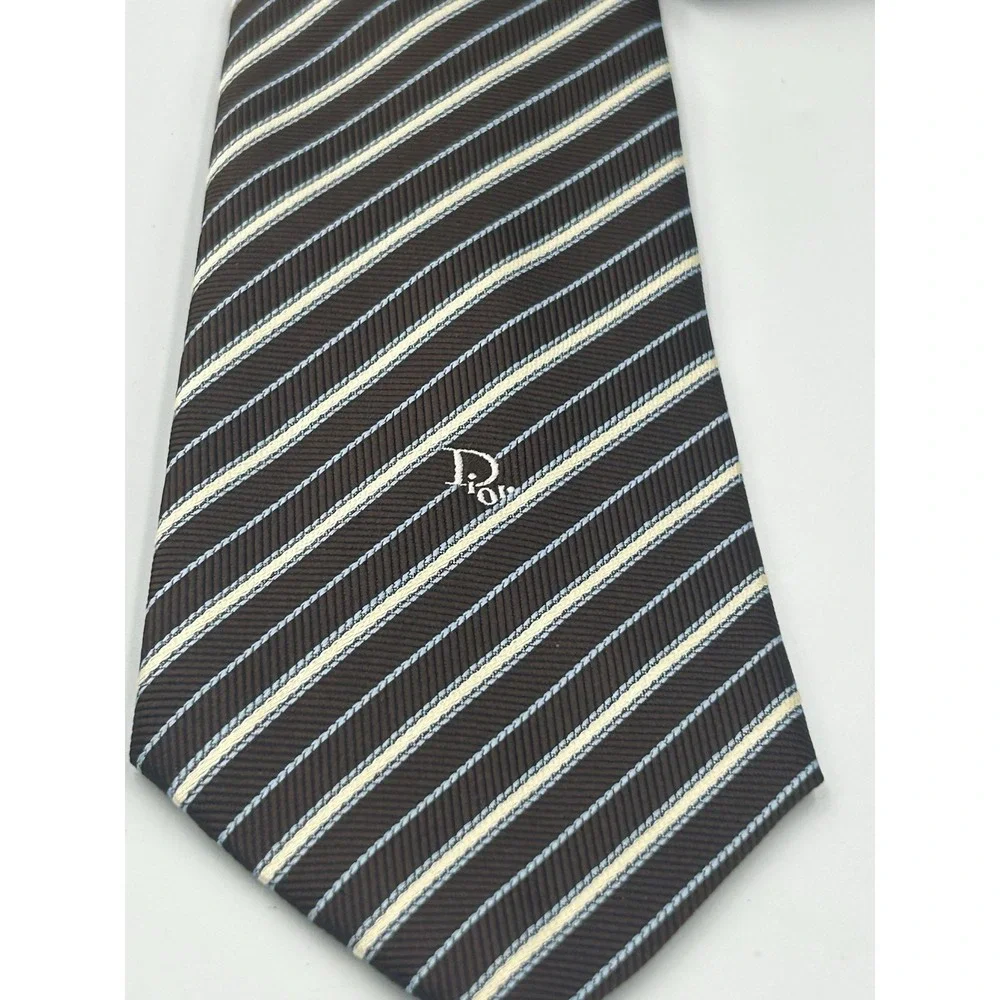 Vintage 1960s Christian Dior Necktie‎ Tie Mens Brown Blue Stripe Poly/Silk